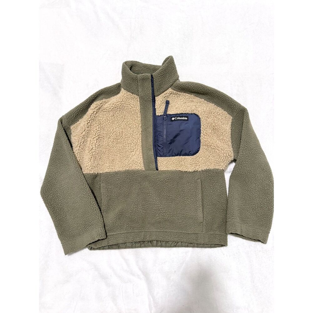 Columbia Lodge Sherpa 1/4 Snap Pullover Fleece Olive Green Tan Blue, Size S